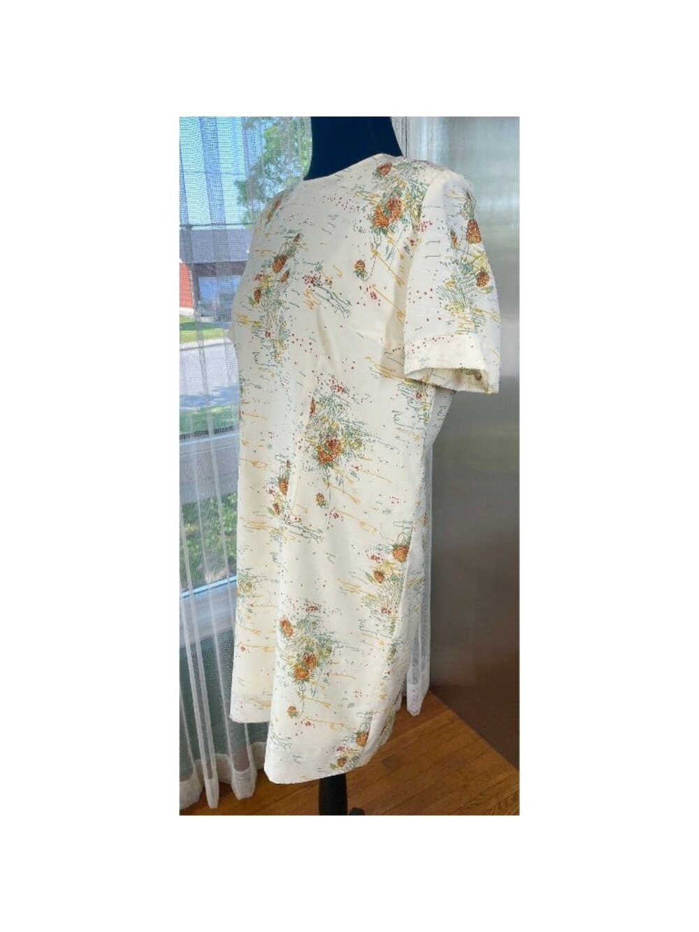 Vintage 1980s dress, cream, orange, green floral print, wide shoulders, size 12